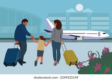 Familia con maletas y mochila en el aeropuerto de prisa para la salida. Viajando papá mamá e hija. Concepto de Vacaciones y Turismo.