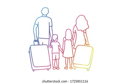 Family with suitcases. Concept travel and tourism. Rainbow colors in linear vector illustration.