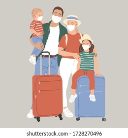 A Family With Suitcases In Face Masks. The Lifting Of The Quarantine. The Resumption Of Flights. Homecoming. Flat Vector Illustration.