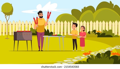 Family summer BBQ picnic in backyard vector illustration. Cartoon father cooking gourmet barbecue, man holding skewers with hot grilled meat, happy daughter and son standing with plates background