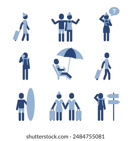 Family summer beach holiday vacation icon symbol pictograms. A lounge chair under an umbrella, traveling together, surfing.