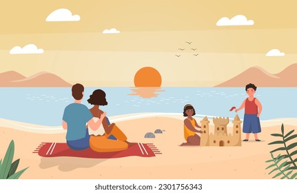 Family at summer beach. Man and woman sitting on blanket near sea and watching sunset, children building sand castle. Holidays and recreation in exotic countries. Cartoon flat vector illustration