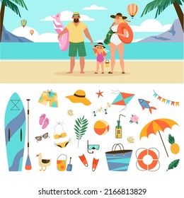 Family summer beach vacation set with accessories and people characters, flat cartoon vector illustration isolated on white background. Collection sea vacation supplies.