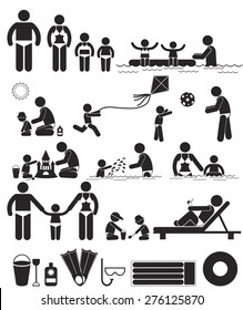 Family summer beach vacations with kids. Vector set stick pictograms family with children