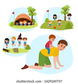 Family Summer camping flat vector illustration.Father piggyback riding a son, children playing tennis and football in park, girls and boys jumping, kids sitting in tent .