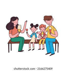 Family summer concept illustration. Parents and their child spending time together outside with ice cream. Hand drawn flat colorful vector drawing.