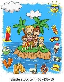 FAMILY AND SUMMER DOODLE ICON SET WITH COCONUT ISLAND BACKGROUND