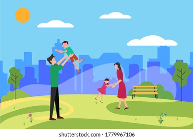 Family summer fun vector concept: Happy family playing together in the city garden at summer 