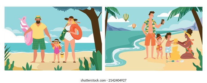 Family Summer Holidays At Sea Banners Set, Cartoon Flat Vector Illustration. Scenes Of Seaside Holiday With Parents And Children In Seascape Or On River Bank.