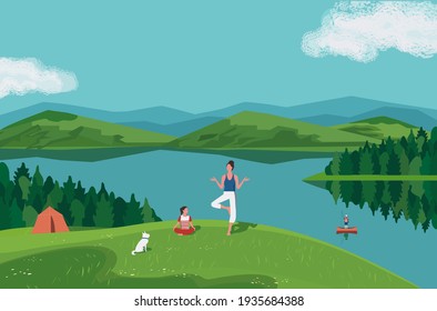 Family Summer Outdoor Leisure Activity vector. Parents, child, dog rest on mountain green valley lake landscape background. Mother, daughter exercice yoga resting on wild nature cartoon illustration