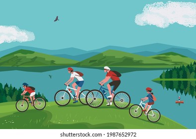 Family summer outdoors active lifestyle vector. Happy family on bikes cycling cartoon illustration. Active parents and kids on bicycles. Sport and fun together in countryside vacation background