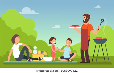 Family At Summer Picnic. People In Bbq Party Eating Food. Grill And Barbeque Outdoor Vector Concept. Barbecue Cooking, Bbq Meat On Nature Illustration