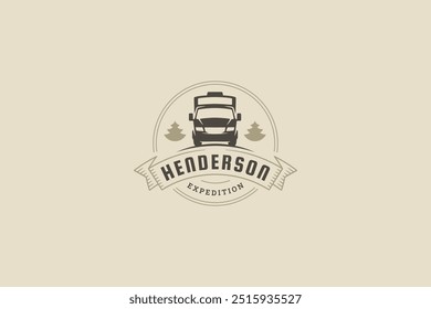 Family summer road trip expedition camping van circle retro logo design template vector flat illustration. Hipster lifestyle automobile travel exploration tourism vacation minimalist logotype spruce