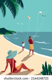 Family Summer Time Beach Vacation Illustration. Father, mother, son leisure relax on sandy shore retro style vector. Tropical sea resort background. Parents, child holiday fun recreation flat design - Shutterstock ID 2164248725