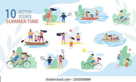 Family Summer Time Scenes, Summer Vacation Activities Trendy Vector Set Isolated on White Background. Parents with Kids Sailing and Fishing from Boat, Riding Bike, Playing Active Games Illustration