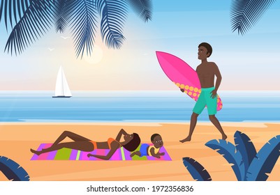Family summer tourism, travel vacation on tropical beach landscape vector illustration. Cartoon young tourist mother in bikini and baby rest, surfer father walking with surfboard background