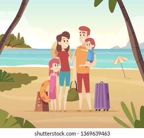 Family summer travellers. Kids with parents going to summer vacation big adventure on sea vector cartoon background