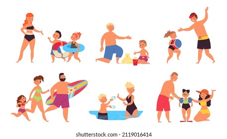 Family summer vacation. Dad relaxed, ocean happy holidays. Mother father and children on beach. Cartoon people walking and swimming, decent vector set