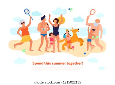 Family summer vacation flat composition with happy kids parents and grandparents playing together on beach vector illustration