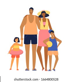 Family summer vacation. Happy parents and children hugging. Vector illustration, flat design, isolated on white background. 