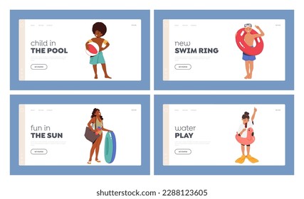 Family Summer Vacation Landing Page Template Set. Children Standing with Inflatable Rings for Playing In Swimming Pool. Kid Characters Express Carefree Spirit Of Childhood. Cartoon Vector Illustration