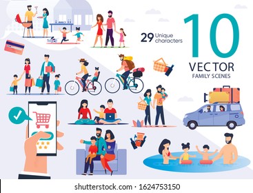 Family Summer Vacation Leisure and Recreation, Holidays Travel Trendy Flat Vector Scenes Set. Parents with Kids Cooking Barbeque, Going on Shopping and Picnic, Traveling on Bicycles, Swimming in Pool