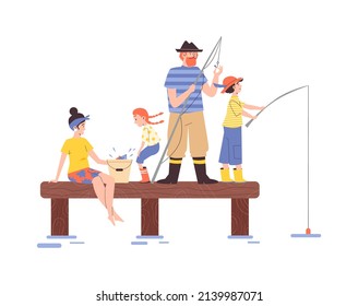 Family summer vacation in nature concept - parents and children fishing with rods together, flat cartoon flat vector illustration isolated on white background.