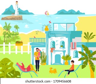 Family At Summer Vacation Together, Sea Beach Cottage, Father, Mother, Daughter And Son Cartoon Vector Illustration. Seashore House For Family Vacation. Sunbathing And Sea Landscape.