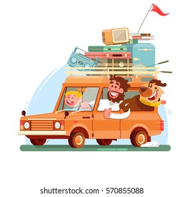 Family summer vacation.Orange car with suitcases. Vector illustration