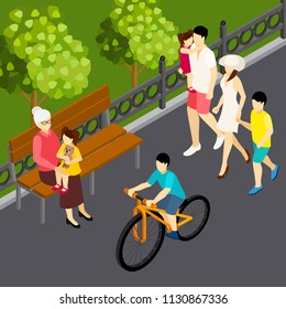 Family summer weekend vacation outdoor isometric composition with walking mom father kids and son cycling vector illustration 