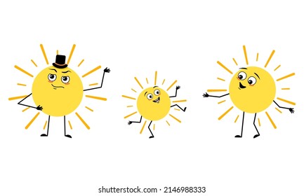 Family of sun character with happy emotions and poses, smile face, happy eyes, arms and legs. Mom is happy, dad is wearing hat and child with dancing pose. Vector flat illustration