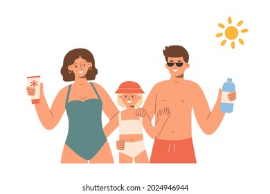 Family sun protection. Mother, father and child sunbathing on the beach. Happy Family using sunglasses, hat, cream and water for skin protection. Summer vacation. Skin care. Vector flat illustration.