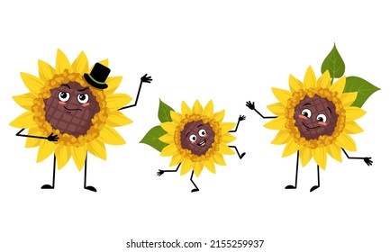 Family of sunflower character with happy emotions, smile face, happy eyes, arms and legs. Mom is happy, dad is wearing hat and child with dancing pose. Vector flat illustration