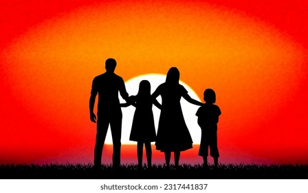 Family at sunset vector illustration