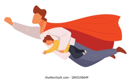 Family of super heroes, father and son flying. Dad protecting small kid, isolated character wearing cape. Funny costumes for holidays celebration or carnival, parenting fun vector in flat style