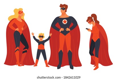 Family of super heroes, mother and father wearing costumes. Kids dressed for carnival, halloween or action play game. Masquerade or celebration of son birthday, teen girl with phone vector in flat