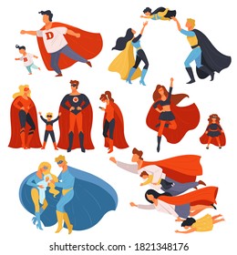 Family of superheroes, dad and mother with kids wearing costumes ad capes. Mother and father with child, hero with powers and supernatural abilities. Halloween suits of parents, vector in flat