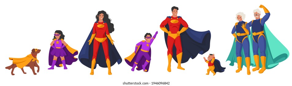 Family of superheroes, flat vector isolated illustration. Happy smiling grandparents, parents mom and dad, children and pet dog wearing  hero costumes.
