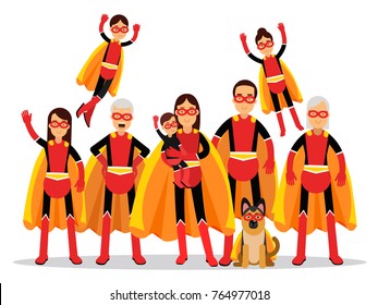 Family of superheroes, grandmother, grandfather, mother, father, children and dog in orange capes vector Illustration