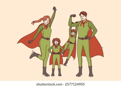 Family of superheroes in green suits with capes demonstrates readiness for heroic deeds and saving world. Men and women, along with small children, dress up in superheroes attire for carnival.