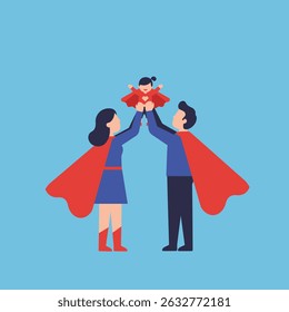 A family of superheroes, a mother and father, lift their child into the air, celebrating.