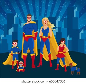 Family of superheroes poster with mother father daughter little son baby and dog posing together in the city vector illustration