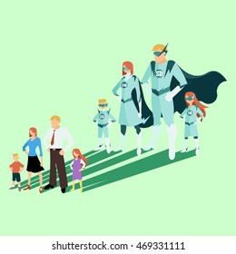 Family Of Superheroes. Superhero Man Father, Woman Mother, Girl Daughter And Boy Son. Vector Illustration. Green Background