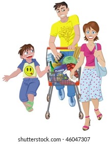 Family in the supermarket  with metal shopping trolley filled with products isolated on white.