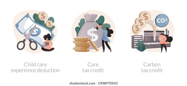 Family support abstract concept vector illustration set. Child care expense deduction, care and carbon tax credits, taxable income, family budget, bank transfer, paycheck abstract metaphor.