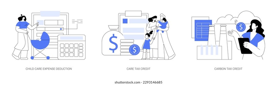 Family support abstract concept vector illustration set. Child care expense deduction, care and carbon tax credits, taxable income, family budget, bank transfer, paycheck abstract metaphor.