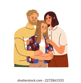 Family support, care concept. Mother, father comforting crying sad daughter. Supportive parents, teenager child helping each other in difficulty. Flat vector illustration isolated on white background