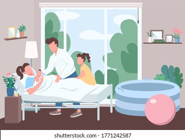 Family support for childbirth flat color vector illustration. Woman in bed hold baby. Husband and sister. Alternative home child birth. Relatives 2D cartoon characters with interior on background