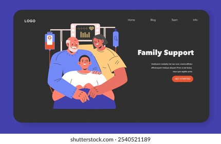 Family support concept. Hospital scene with relatives comforting a patient. Love, care, and togetherness in times of sickness. Vector illustration.