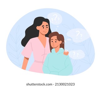 Family support concept. Mother hugs her daughter and listens to her stories. Psychological help, good relationship. Confused teenager with unanswered questions. Cartoon flat vector illustration